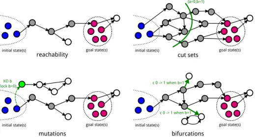 Fig. 2: Illustration of main features of Pint related to the transient reachability of a set of goal states from (a set of) initial state(s)