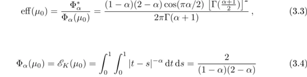 Figure 3.2: Left: eciency of the uniform measure computed by (3.3) for α ∈ [0, 1) . Right: Potential of the uniform measure P µ 0 ;α (t) and its average value Φ α (µ 0 ) , see (3.4), computed for α = 0.5 .