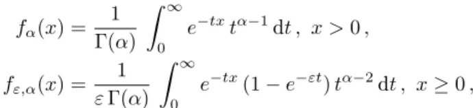 Figure 3.3: f α (t) = t −α (red solid line) and f ε,α (t) (blue dashed line, top:  = 0.001 , bottom:  = 0.01 ) as functions of t ≥ 10 −4 ; f ε,α (0) is indicated by a dot