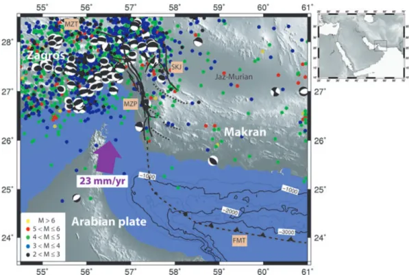 Figure 1. Simplified seismotectonic map of the transition area between the collision zone of Zagros and the subduction of an oceanic part of the Arabian Plate beneath the Makran