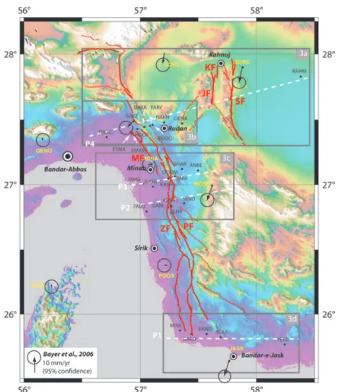 Figure 2. Localization of GPS sites. This dense network spatially samples the MZP and SKJ fault systems along four profiles: P1 along the southern coast, P2 and P3 in the central area where Minab, Zendan and Palami faults (MF, ZF and PF, respectively