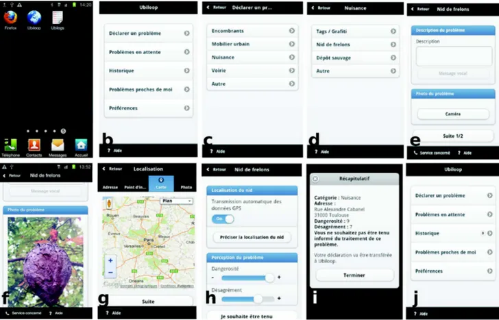 Fig. 3 Screenshots from Ubiloop: a application in the smartphone environment, b main menu, c selection of category, d selection of incident type, e textual description, f photo taken by the user,