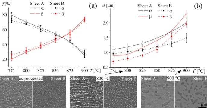 Fig. 1 (a) Volume fraction of the phases and (b) the grain size dependences on the annealing  temperature of sheet A (dotted lines) and sheet B (solid lines) Inserts: SEM-microstructures of the  investigated sheets A and B after sheet processing and anneal