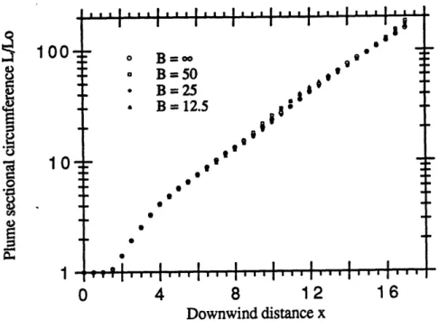 Figure 2.9.  The length of the plume circumference along the downwind distance.