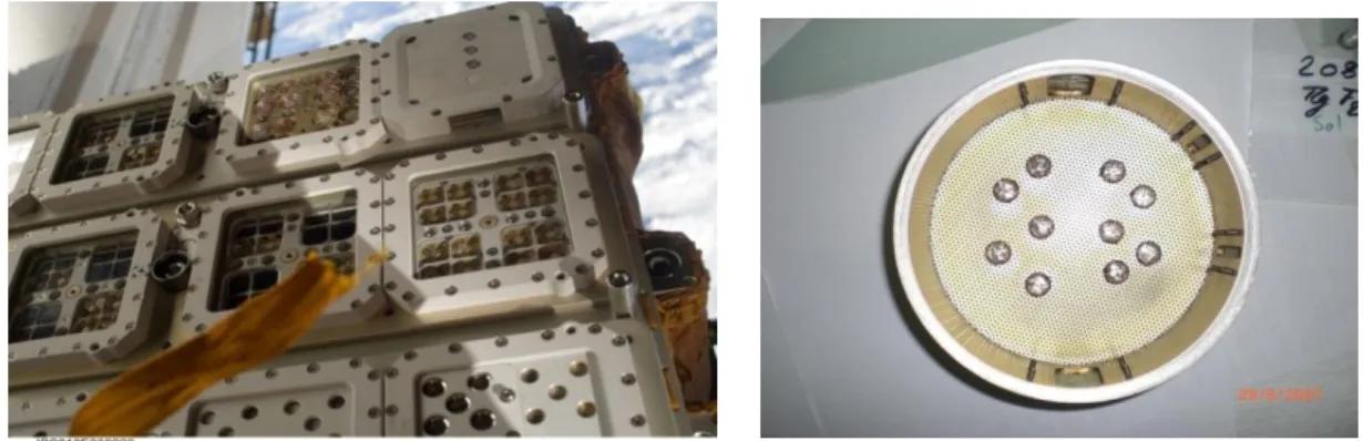 Figure 18 : L’expérience EXPOSE-R à bord de l’ISS et fenêtres d’exposition de tholins dans la cage de PAMPRE  après dépôt