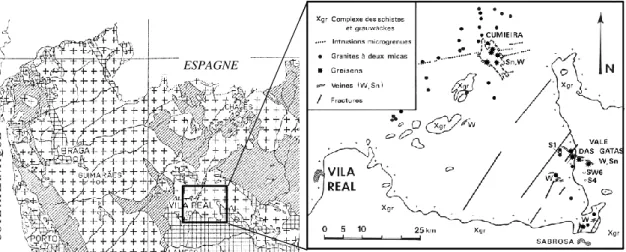 Figure 1.2  Le massif de Vila Real : localisation des indices minéralisés. 