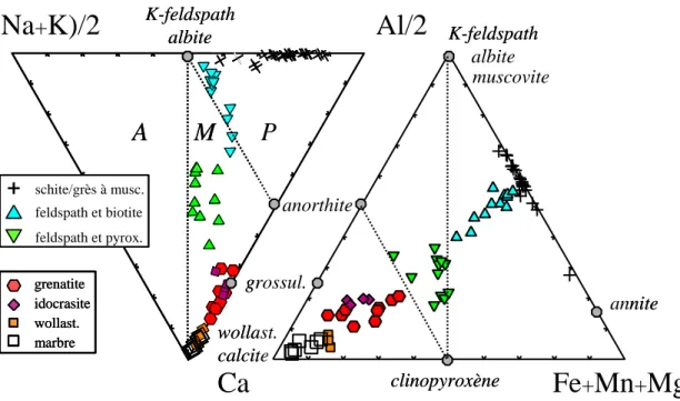 Figure 1.7  Les associations minéralogiques dans et autour des skarns de Covas. La  figure de gauche sépare les domaines alcalin (A), métaalumineux (M) et peralumineux  (P) ; celle de droite sépare les domaines à biotite et clinopyroxène