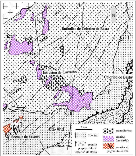 Figure 2.3  Carte de la bordure Sud du batholite de Celorico de Basto (Hellal 1992)  montrant la disposition des granites tardifs et l’association entre termes intermédiaires  (granodiorites à enclaves dioritiques), granitiques (fins) et GMR