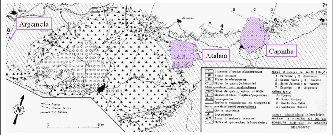 Figure 2.4  Carte  géologique  montrant  l’intrusion  différenciée  de  Fundão  et  les  granites peralumineux tardifs (Capinha, Atalaia) ainsi que le GMR d’Argemela