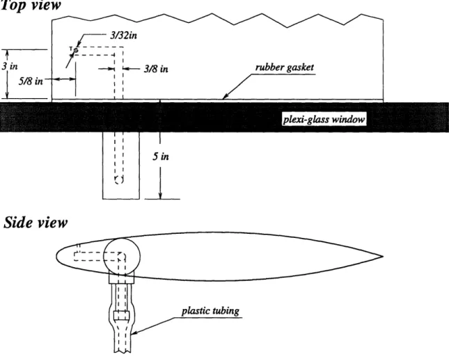 Figure 2-6:  Top  and  side  view of hydrofoil,  in tunnel testing  section,  showing  the location of the pressure  tap.