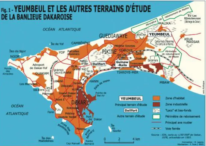 Figure 1 : Yeumbeul et les autres terrains d'étude dans la banlieue dakaroise