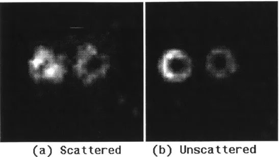 Figure  3:  Hollow  spheres  phantom.  (a)  Simulated  image  using  only  photons that  have  undergone  scattering;  (b)  only  photons  that  have  not  scattered.