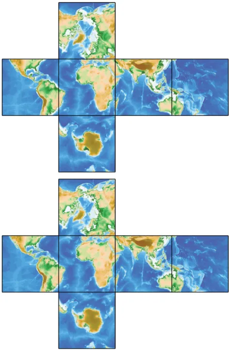 Figure 7. Initial (top) and reconstructed (bottom) topography of the Earth with CDF(4, 4) wavelets using five decomposition levels