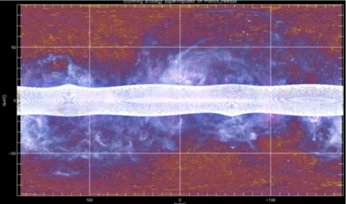 Fig. 9 Simulated survey strategy of the Galactic Plane (+/-5 degrees) assuming single pixel detectors, scan lines (in white) overlaid on the Planck map