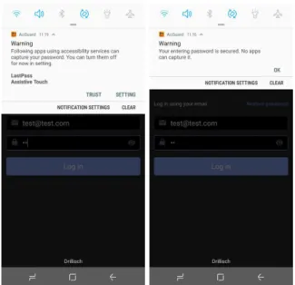 Fig. 5. Warning messages displayed by AcGuard for active acces- acces-sibility services (left) and secure notification (right) when the user is entering a password.
