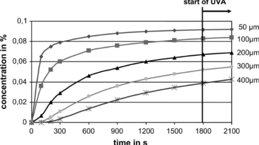 Figure  14:  Modélisation  de  la  diffusion  de  riboflavine  en  fonction  du  temps  (sans 