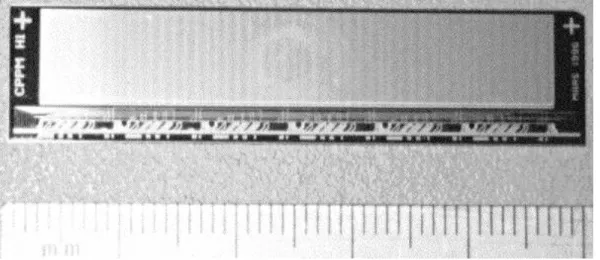 Fig. 2.6 – Photographie du capteur en silicium r´ealis´e pour le FPS. La matrice de pixels est visible dans la partie haute, alors que les lignes permettant de connecter les circuits de lecture `a l’ext´erieur sont visibles dans la partie basse.