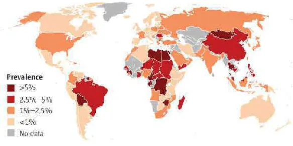 Figure 17 : Prévalence mondiale de l’hépatite chronique C.  (Enserink, 2011) 