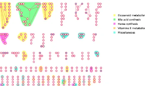 Figure 6. The ‘dark side’ of Human metabolism. The least covered subgraph of Recon 2.03 obtained  from Label Propagation Algorithm (LPA) using mapping status as the initial state