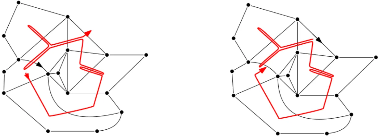 Figure 3: Left: A simple random walk on the dual map, started at the face on the right-hand side of the root-edge, and about to reach a pioneer edge