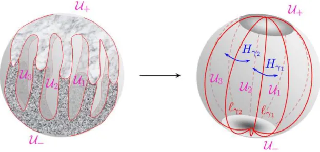 Fig. IV.2: “Octopus-like” and “melon-like” coverings of CP 1 and the associated transition functions.