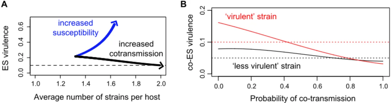 Figure 2.6: Co-transmission and the evolution of virulence. In A, the number of strains per host increases either due to increased susceptibility of infected hosts (in blue) or due to co-transmission (in black)