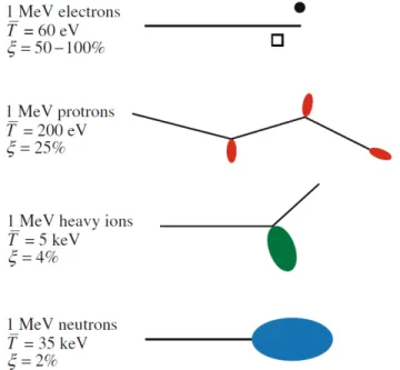 Figure 2-2: Difference in damage morphology, displacement efficiency, and average recoil energy for 1 MeV particles of different types incident on nickel [1].