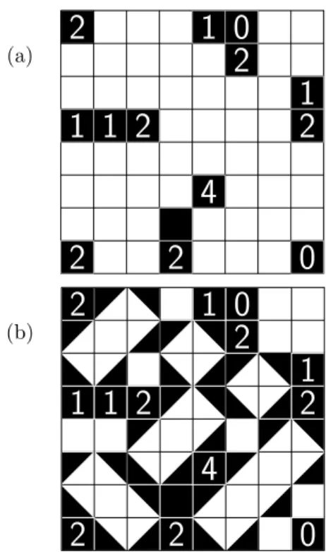 Figure 1: An instance of the puzzle Shakashaka and its solution ([1])