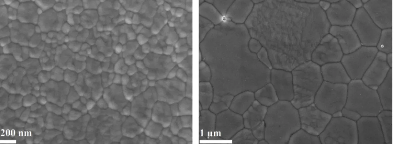 Fig. 15. FESEM images of TZ-3Y (left) and TZ-8Y (right) microstructures after sintering at 1400  ◦ C for 30 min and polishing and a thermal etching at 1300  ◦ C for 1  min to reveal grain boundaries