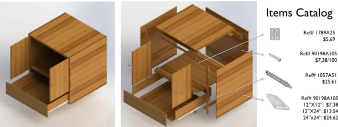 Figure 3-1: An example of a fabricable object from our collection (left). Each design is detailed down to the level of individual screws, and each part maintains a reference to the items used from the items catalog (right).