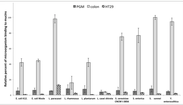 Figure 3. The adhesion of various probiotic and pathogenic microorganisms on commercially  available pig gastric mucins or mucins from HT29-MTX cell lines does not reflect the adhesion on  human intestinal mucins