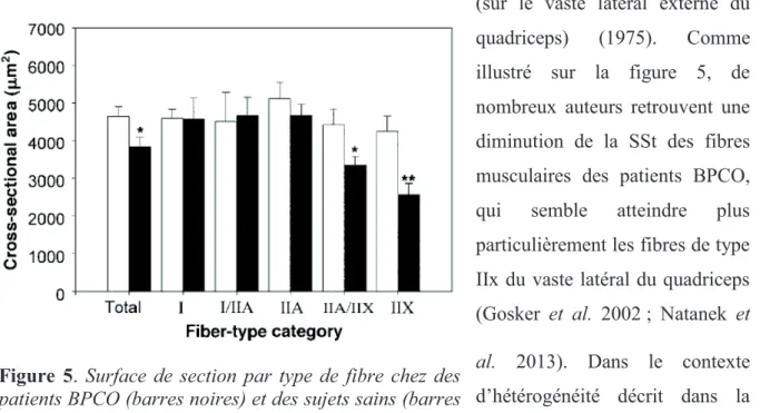 Figure  5.  Surface  de  section  par  type  de  fibre  chez  des  patients BPCO (barres noires) et des sujets sains (barres  blanches) (Gosker et al