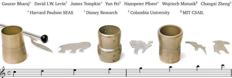 Figure 1: Customized instrument. A set of optimized 2D water jet cut animals and 3D printed cups form a musical scale