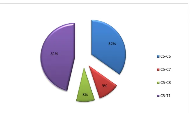 Figure 11. Répartition des patients selon la forme de l’atteinte 32% 9% 8% 51%  C5-C6C5-C7C5-C8C5-T1