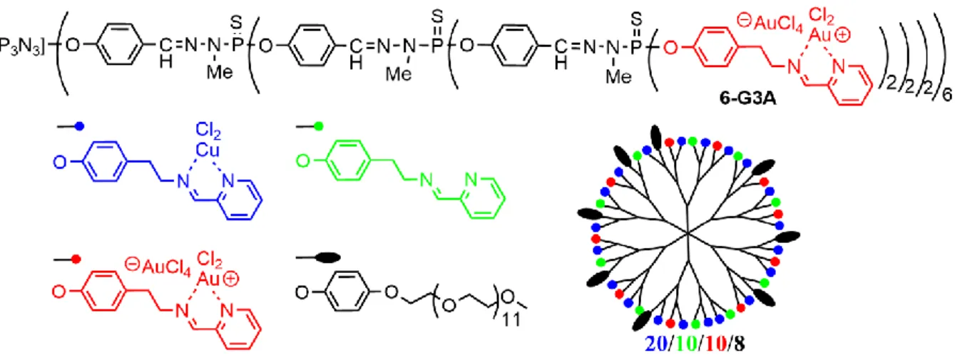 Figure  6.  Third  generation  dendrimer  complexing  gold  on  all  the  terminal  functions  (6-G3A),  and  stochastic functionalization on the surface of generation 3 phosphorhydrazone dendrimers