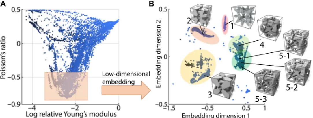 Fig. 2. Five auxetic microstructure families identified by our software. (A) Structures with similar properties in the gamut are selected to study their commonalities.