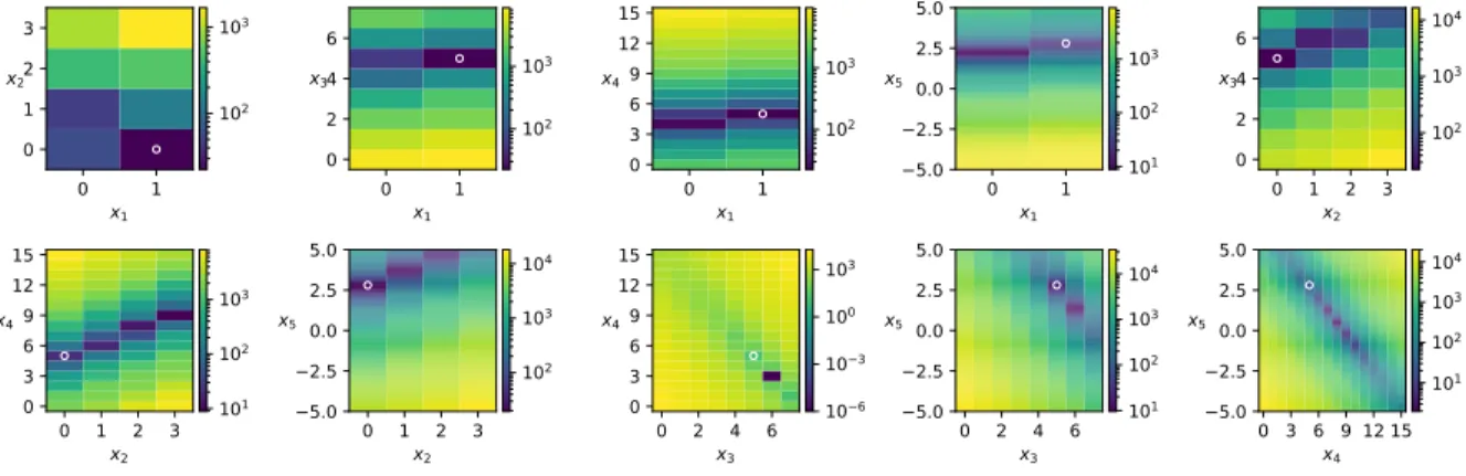 Figure 4: Heat maps of the bbob-mixint rotated ellipsoid function (f 10 ) in dimension 5, instance 6