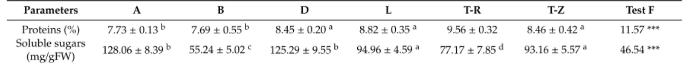 Table 1 shows the protein and soluble sugar contents of fruits. These traits were strongly influenced by the used ecotypes (p ≤ 0.05)