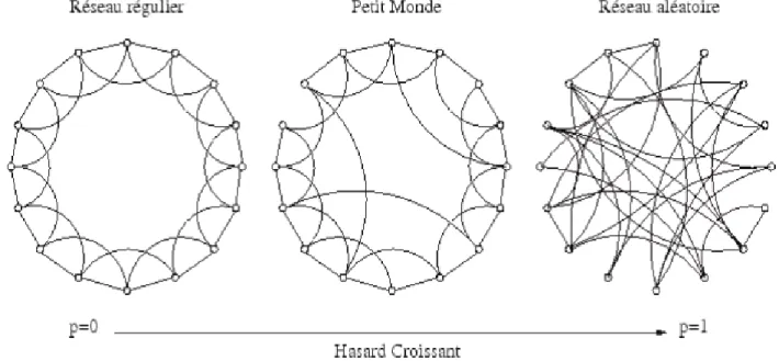 Figure 1: Les différents types de réseaux (Source: [Watts et Strogatz 98]) 