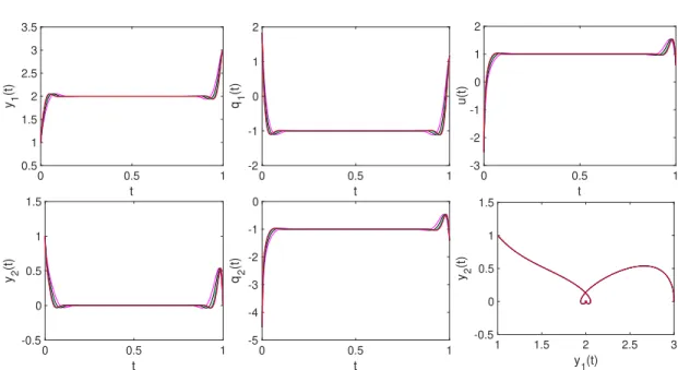 Figure 2. Third step (homotopy on ε). Graphs of state, co-state and optimal control during the homotopy on ε = 1/T , for T ∈ {40, 50, 60, 65, 70}.