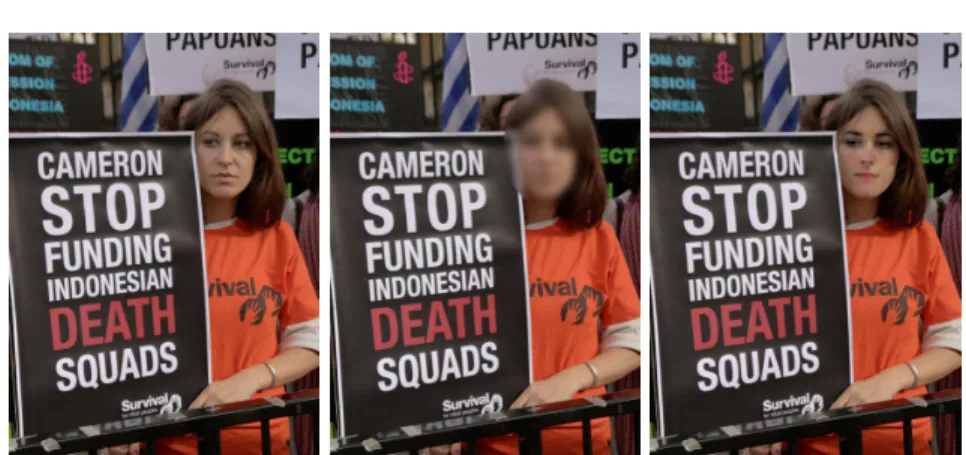 Fig. 1. Comparing blurring with our approach (from left to right): original image, im- im-age de-identified with naive blur, imim-age automatically de-identified with our approach.