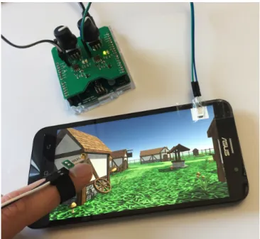 Figure 1: The hardware part of our method comprises a vibration sensor mounted on the finger to measure when a surface is touched or when a physical button is pressed, and a photo-diode to determine when the screen is updated.