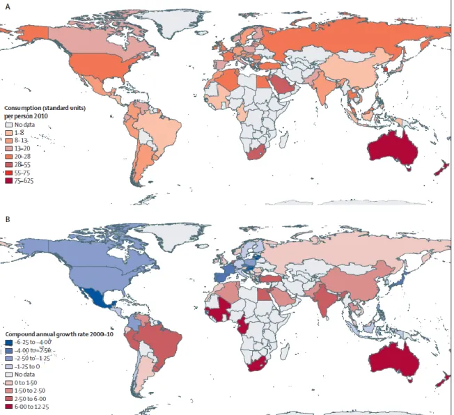 Figure 8. Consumption of antibiotics in 2010 (A) and annual growth rate in antibiotic  consumption from 2000 to 2010 (B)
