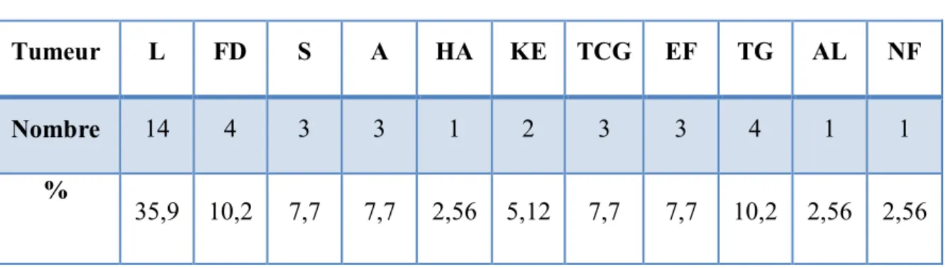 Tableau IV : Fréquence en fonction du type de tumeur  Tumeur  L  FD  S  A  HA  KE  TCG  EF  TG  AL  NF  Nombre  14  4  3  3  1  2  3  3  4  1  1  %  35,9  10,2  7,7  7,7  2,56  5,12  7,7  7,7  10,2  2,56  2,56  35,9 10,2 7,7 7,7 2,56 5,12 7,7 7,7 10,2 2,56