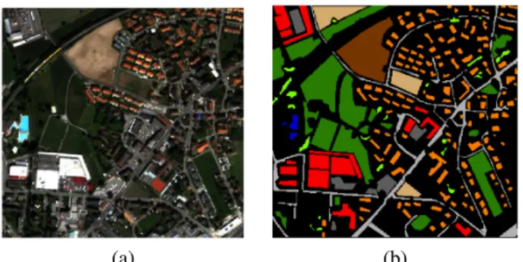 Fig. 2. Zurich Br¨uttisellen QuickBird data. (a) RGB composition and (b) ground truth