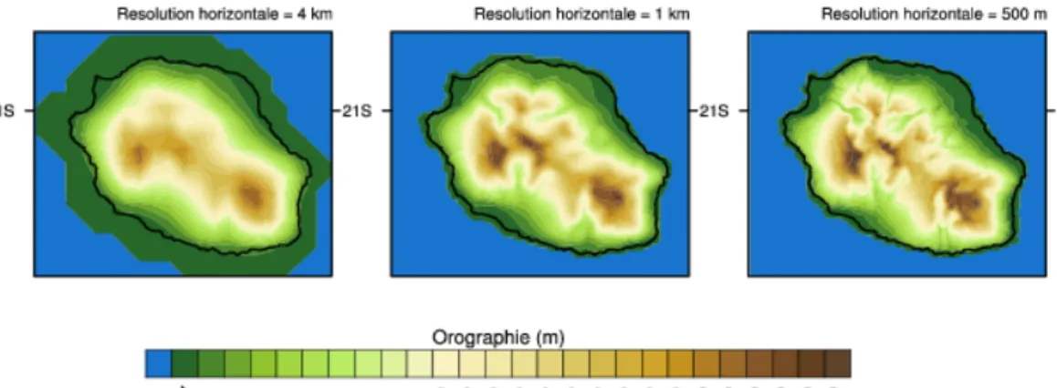 Figure 3.2: Orographie de La R´ eunion reproduite par le mod` ele Meso-NH ` a 4 km (gauche), 1 km (centre) et 500 m (droite) de r´ esolution horizontale