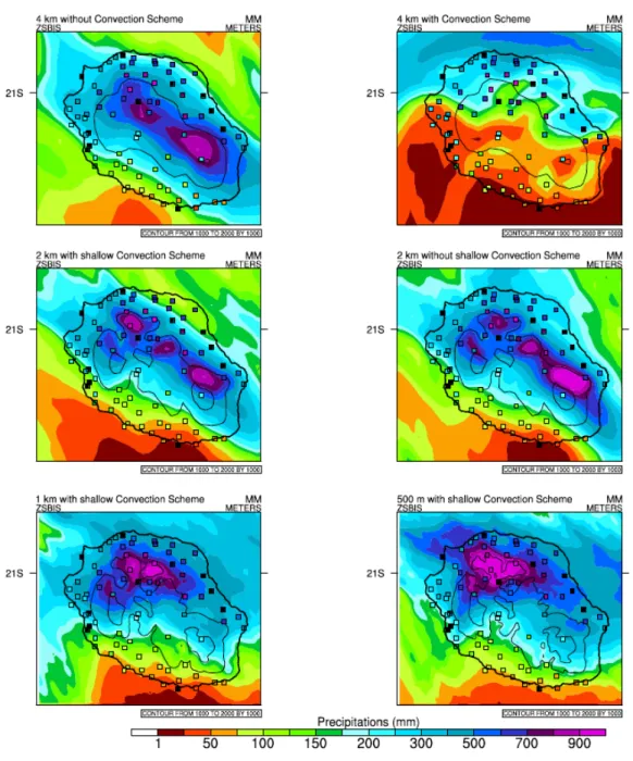 Figure 3.3: Cumul des pr´ ecipitations (en mm) sur La R´ eunion entre le 27 janvier 2011 00 UTC et le 30 janvier 2011 24 UTC pour diff´ erentes configurations du mod` ele