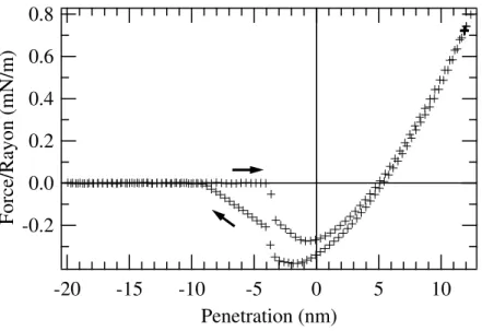 Fig. 4.2  Interaction, contact et adhesion entre deux surfaces de silice dans une atmosphère d'air desséché