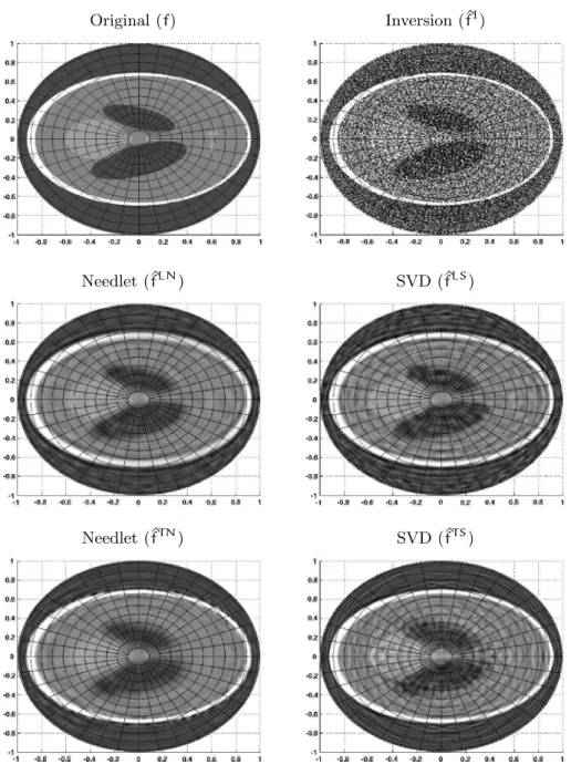 Figure 6. Visual comparison for the original Logan–Shepp phantom with ε = 8/1 000. Errors are much more localized in the needlet-based estimates compared to the fully delocalized errors of the SVD based estimates