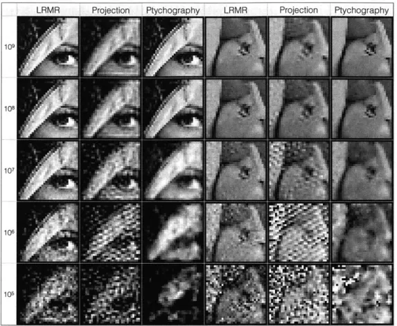 Figure  4-8:  Results  of WDD using:  LRMR/LRMC,  projection  method  from  [67],  and PIE  at  different  noise  levels